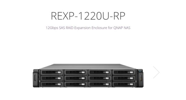 The REXP-1220U-RP expansion enclosure is designed for expanding the storage space on a QNAP NAS* by connecting multiple expansion enclosures via high-speed mini SAS cables. Featuring a 12 Gbps SAS interface on the chassis