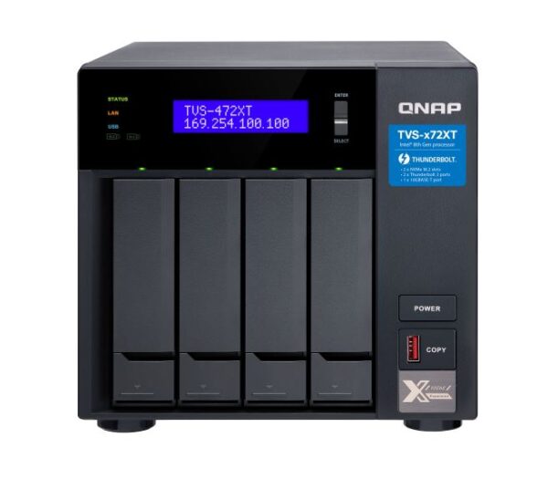 QNAP TVS-472XT-PT-4G 4 Bay NAS Intel® Pentium G5400T 2-core 3.1 GHz Processor 4GB DDR4 Hot-swappable 2 xPCIe 2xGbE 1x10GBASE-T 2xThunderbolt 1xUSB3.2 2 yrs wty