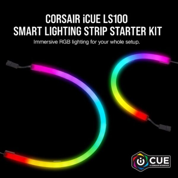 Extend your RGB lighting beyond your PC with the CORSAIR iCUE LS100 Smart Lighting Strip Starter Kit. Dynamically integrate your ambient ligh your games and media for a truly immersive experience. Control and synchronize your lighting effects across all your compatible CORSAIR devic powerful iCUE software. LS100 Smart Lighting Strips include two long strips with 27 individually addressable LEDs each and two short strips wit individually addressable LEDs each