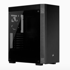 The CORSAIR 110R is a minimalist mid-tower ATX case with a 4mm-thick tempered glass side panel and storage support for up to four drives