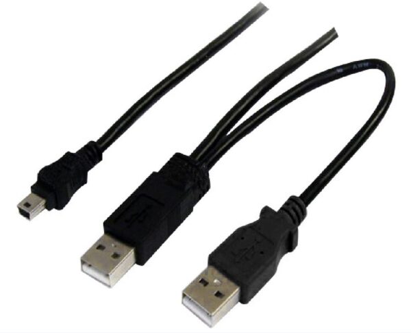 Astrotek USB 2.0 Y Splitter Cable - Type A Male to Mini B 5 pins 1m + USB Type A Male 2m Black Colour Power Adapter Hub Charging 20cm