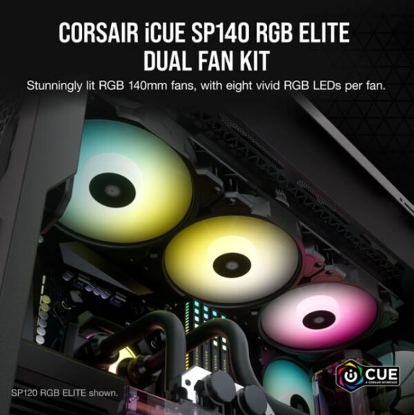 The CORSAIR iCUE SP140 RGB ELITE Performance Dual Fan Kit boasts eight bright