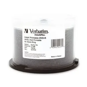 Verbatim DVD-R 4.7GB 50Pk White Wide Inkjet 16x – Verbatim CMVD95079 DVD-R/-RW Media Product Image