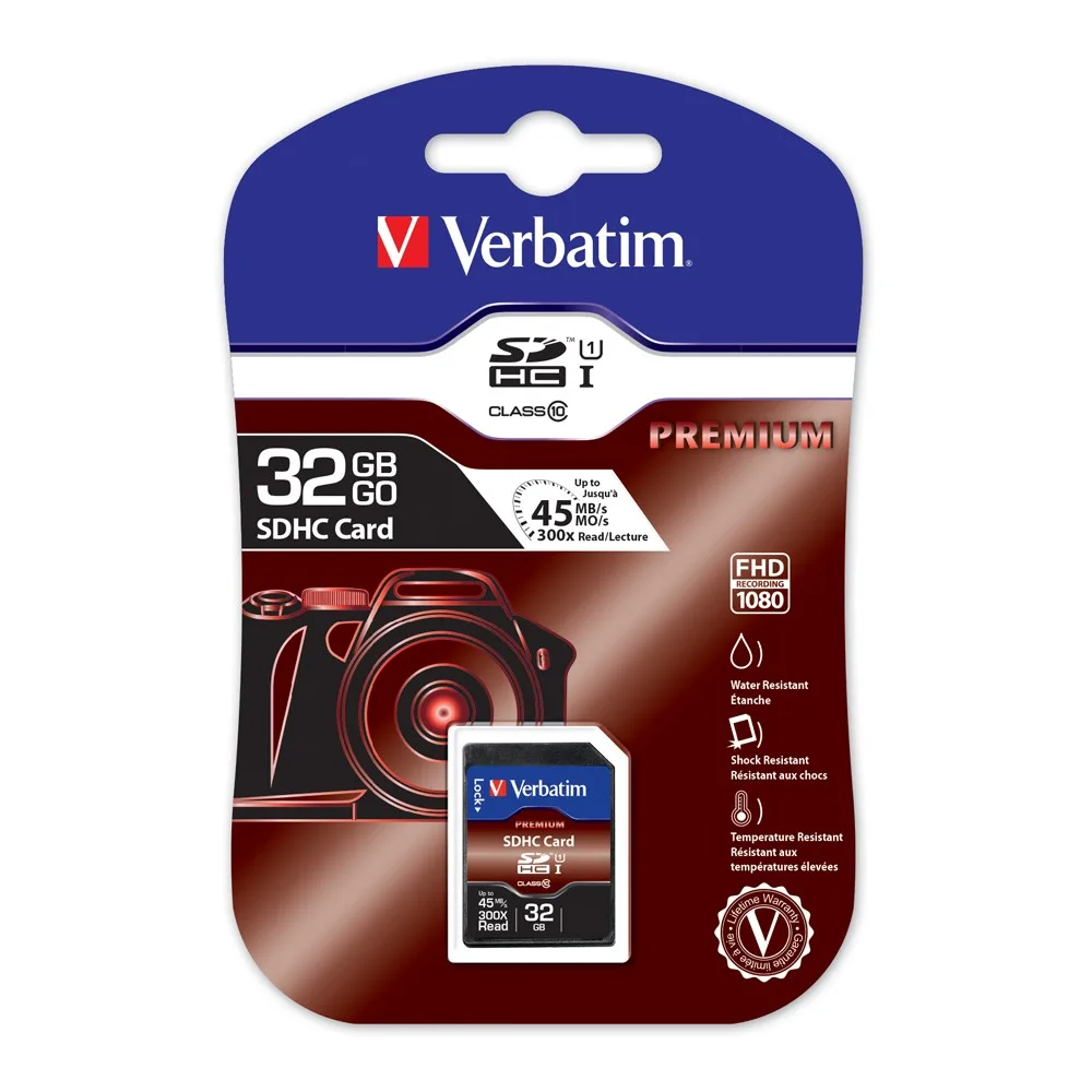Verbatim SDHC 32GB (Class 10) Up to 45MB/Sec 300X read speed – Verbatim FMSD32GBC10 SD/ Mini SD/ Micro SD Product Image