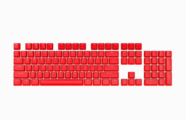 A CORSAIR PBT DOUBLE-SHOT Origin Red PRO Keycap Mod Kit gives your keyboard added durability and personalization thanks to thick double-shot PBT plastic with textured surfaces and multiple striking color options.