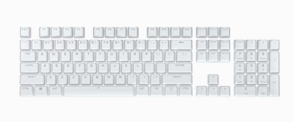 A CORSAIR PBT DOUBLE-SHOT White PRO Keycap Mod Kit gives your keyboard added durability and personalization thanks to thick double-shot PBT plastic with textured surfaces and multiple striking color options.