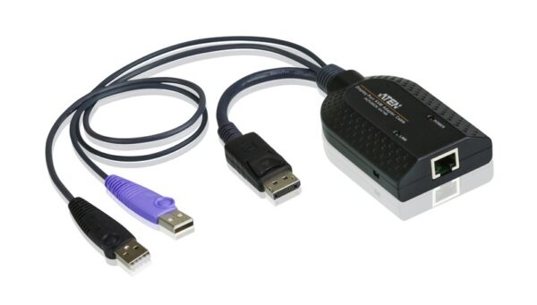 The KA7169 KVM Adapter Cable connects a KVM switch to the DisplayPort video and USB ports of a target computer. The KA7169 supports a DisplayPort connection and provides a USB plug to connect a target computer for Smart Card/CAC support*. With its small size and light weight design
