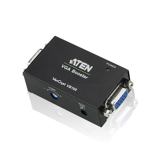 The VB100 VGA Booster amplifies the VGA signal from a source device and transmits it to a display up to 70 meters away. The VGA booster extends the display distance without any signal loss; to bring you a crystal clear video display at a longer distance. The VB100 is built with a compact housing design for easy installation and manual gain control to improve image quality at different distances. The VB100 can be powered from the VGA source and has a built-in LED indicator for power. The VB100 supports hot-plugging and requires no software for installation