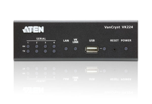 The VK224 4-Port Serial Expansion Box provides four additional bi-directional RS-232 / 422 / 485 serial ports for a flexible expansion of the ATEN Control System. This allows users to control additional serial devices in an environment where more serial devices are required. With the advantage of an Ethernet-based connection