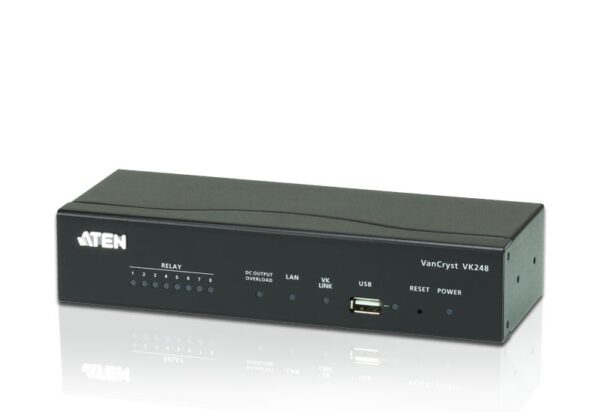 The VK248 8-Channel Relay Expansion Box provides an additional eight channels of relay output for a flexible expansion of the ATEN Control System. This allows users to control additional devices such as screen