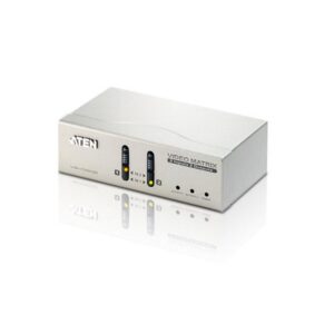 The VS0202 Video Matrix Switch allows video and audio from 2 computers to be routed to 2 monitors
