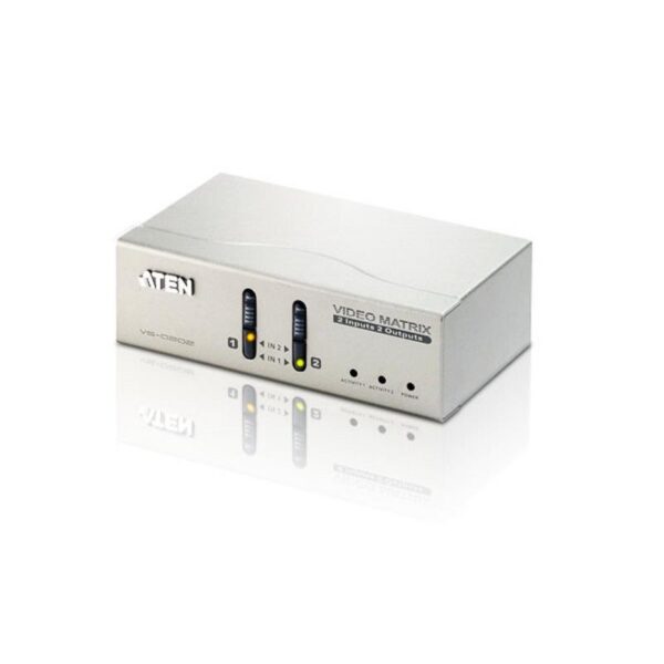 The VS0202 Video Matrix Switch allows video and audio from 2 computers to be routed to 2 monitors