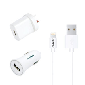 mbeat 3-in-1 MFI USB Lightning Charging Kit (1m Lighting to USB Cable + 2.1A Car  Wall Charger)