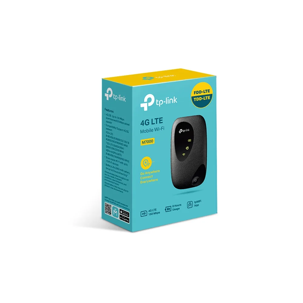 TP-Link M7000 4G-LTE Mobile Wi-Fi 150Mbps DL 50Mbps UL 4G SIM Card Slot 2000mAh 8hrs Rechargeable Battery for 10 Devices iOS/Android App – TP-LINK NWTL-M7000 3G/4G Capable Routers Product Image