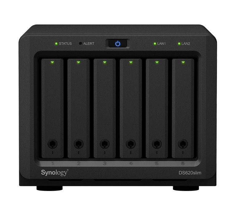 Synology DiskStation DS620 slim 6 Bay NAS Intel Celeron J3355 2-core 2.0 2GB DDR3L non-ECC SODIMM Hot Swappable 2xRJ-45 1GbE LAN 2xUSB 3.0 2 yrs wty – Synology BASY-DS620SLIM Network Attached Storage (NAS) Product Image