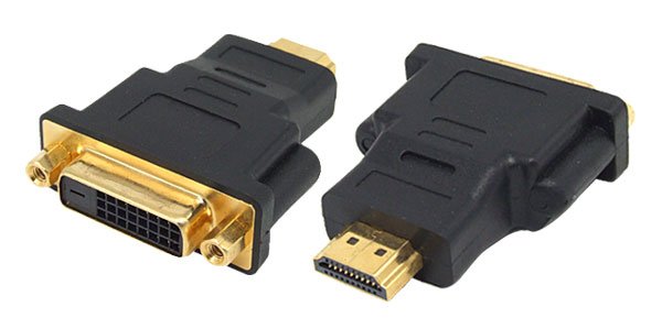 High quality DVI-D Female to HDMI Male adaptor.   This adapter may be used to connect devices fitted with HDMI connectors (such as TV tuner cards  DVD players) with devices fitted with DVI-D connectors (such as LCD monitors and some LCD/Plasma TVs) via a DVI-D cable.   Connector 1: DVI-D Female (24 pin) Connector 2: HDMI Male (19 pin)