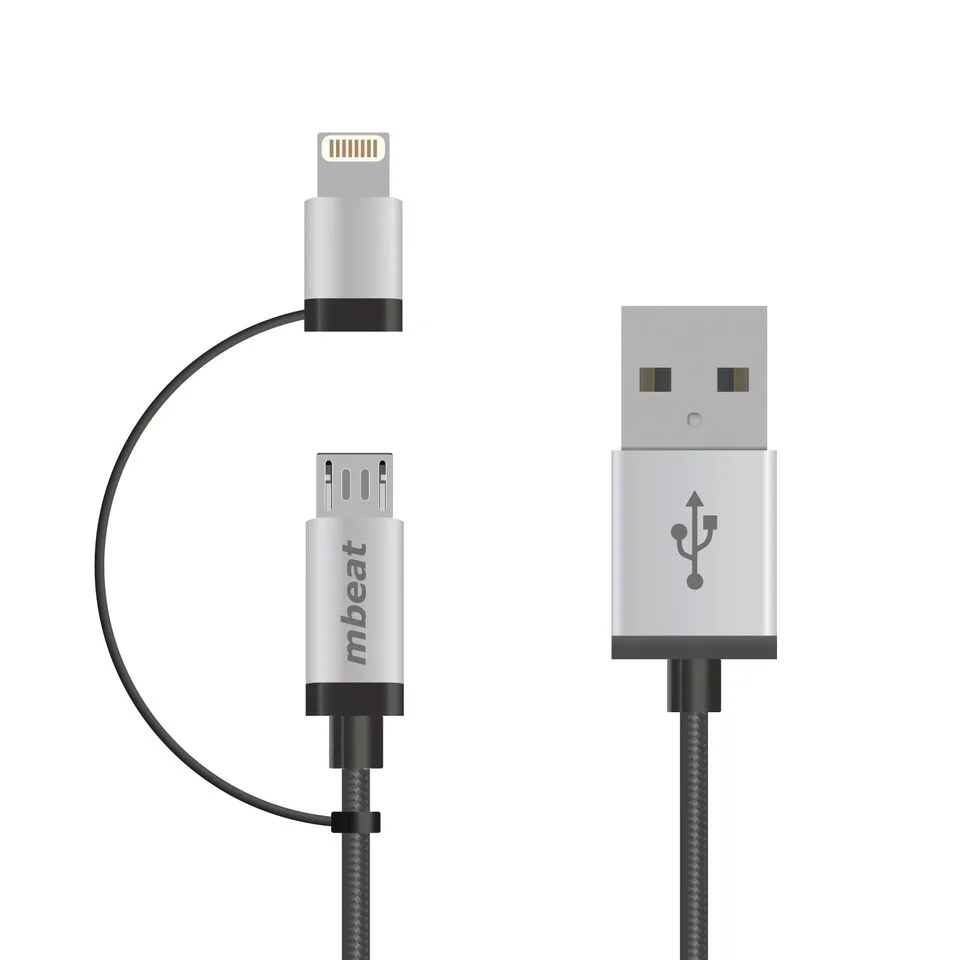 (LS) mbeat® 1m Lightning and Micro USB Data Cable - 2-in-1/Aluminmum Shell Crush-Proof/Nylon Braided/Silver/ Apple/Andriod Tablet Mobile Device – MBEAT CBMB-ICAB21-1S Phone