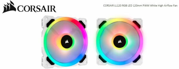 The CORSAIR LL120 RGB LED 120mm PWM White Smart Fan combines excellent airflow and high static pressure in a striking white housing. 16 brilliant