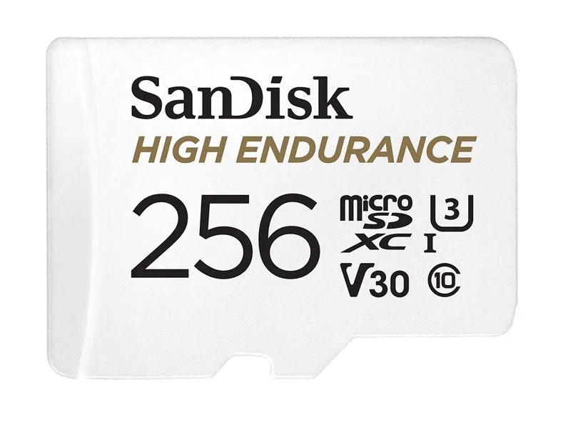 SanDisk High Endurance 256GB microSD 100MB/s 40MB/s 20K hrs 4K UHD C10 U3 V30 -40°C to 85°C Heat Freeze Shock Temperature Water X-ray Proof SD Adapter – Sandisk FMS-MSDHE-256G SD/ Mini SD/ Micro SD Product Image
