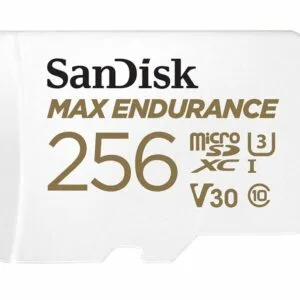 SanDisk Max Endurance 256GB microSD 100MB/s 40MB/s 20K hrs 4K UHD C10 U3 V30 -40°C to 85°C Heat Freeze Shock Temperature Water X-ray Proof SD Adapter – Sandisk FMS-MSDHEM-256G SD/ Mini SD/ Micro SD Product Image