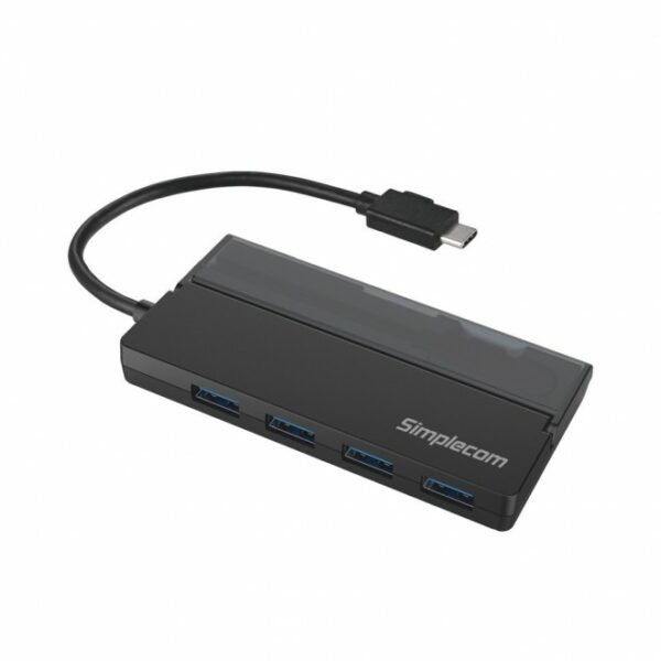 Simplecom CH330 Portable USB-C to 4 Port USB-A Hub USB 3.2 Gen1 with Cable Storage - Bl