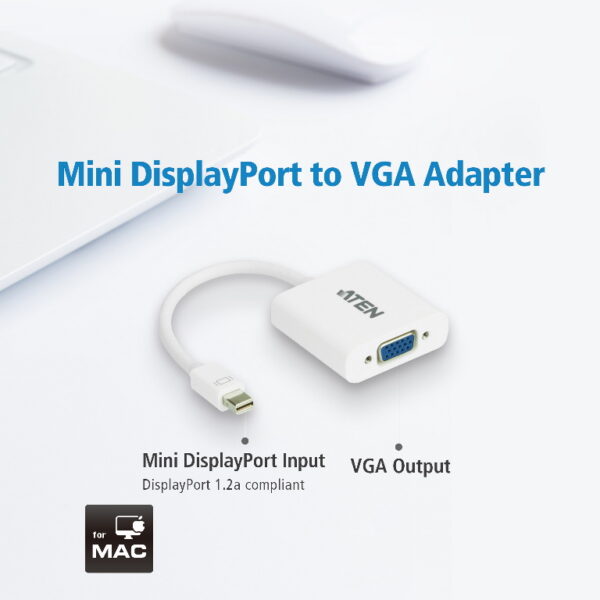 The Mini DisplayPort to VGA Adapter allows you to connect a device with a Mini DisplayPort to a Display with a VGA connector. The adapter is perfect for Mac series products