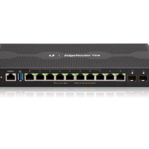 The EdgeRouter™ 12 offers next-generation price/performance value: up to 3.4 million packets per second processing with a line rate of up to 6.8 Gbps. Ten Copper Gigabit ports and two independent SFP ports allows for deployment flexibility. The EdgeRouter 12P is a high performance Gigabit Router with 24V 2-Pair PoE output on each port. 