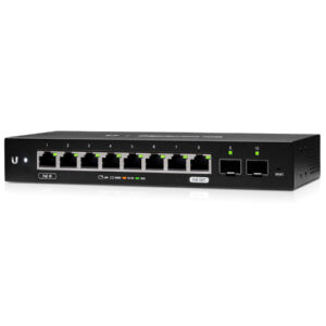 Eight Gigabit RJ45 ports offer copper connectivity with PoE input on port 1 and PoE passthrough on port 8. Two SFP ports offer fiber connectivity.