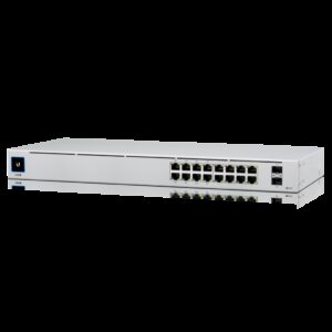 The USW-16-POE is a configurable Gigabit Layer 2 switch with sixteen Gigabit Ethernet ports including eight auto-sensing 802.3at PoE+ ports