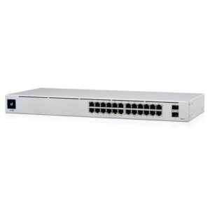 The USW-24-POE is a configurable Gigabit Layer 2 switch with twenty-four Gigabit Ethernet ports including sixteen auto-sensing 802.3at PoE+ ports