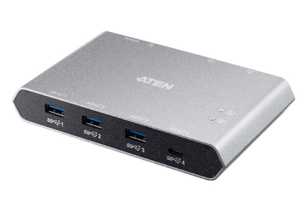 ATEN US3342 is a 4-port USB 3.2 Gen 2 peripheral sharing device that allows users to share data between four USB devices in two different USB-C enabled laptops. The US3342 is USB 3.2 Gen 2 compliant