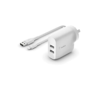 Belkin BOOST CHARGE Dual USB-A Wall Charger 24W + Lightning to USB-A Cable (1M) - White(WCD001au1MWH)