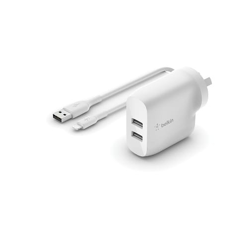 Belkin BoostCharge 24W Dual USB-A Wall Charger + Lightning to USB-A Cable (1M) - White (WCD001au1MWH)