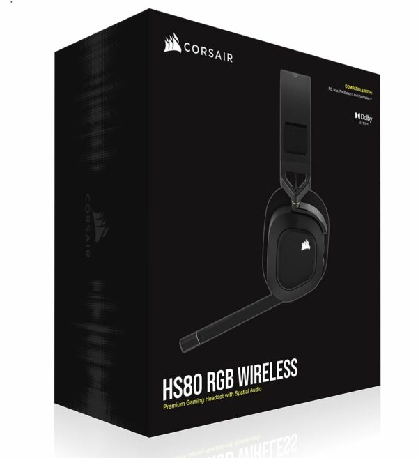 The CORSAIR HS80 RGB WIRELESS Gaming Headset connects with hyper-fast SLIPSTREAM WIRELESS