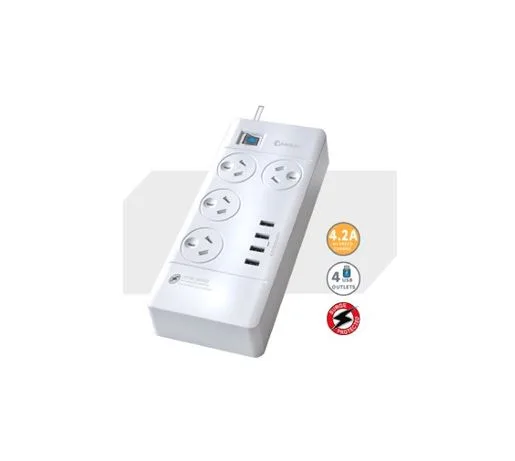 Sansai 4 Outlets & 4 USB Outlets Surge Protected Powerboard Master On/Off switch 1M lead & Right angle plug 230-240VAC IV Retail box – Generic UPSA-PB4044C Power Boards Product Image