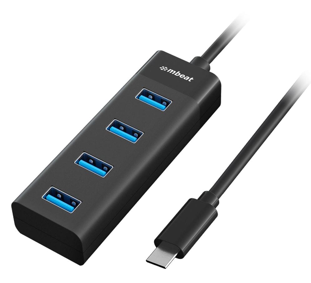 mbeat® USB-C to 4-Port 3.0 Hub - Black USB 3.0 transfer speeds up to 5Gbps Material: ABS Plastic Cable Length: 200mm Weights: 36g – MBEAT USMB-C3H-4K USB Hubs Product Image