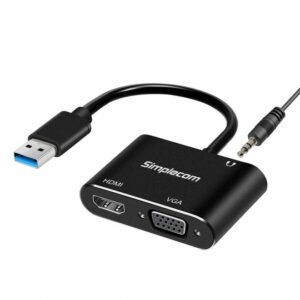 This USB to HDMI+VGA video card adapter turns a standard size USB port (USB-A) into HDMI or VGA output with resolution up to Full HD 1080p. Compatible with regular USB 2.0 or USB 3.0 port