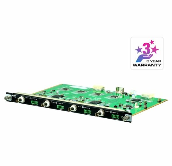 The VM7404 4-Port 3G-SDI Input Board offers an easy way to route any 4 SDI video and audio sources to multiple displays when used in combination with an ATEN Modular Matrix Switch. This input board provides the capability to connect to SDI sources