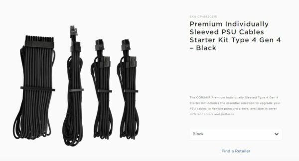The CORSAIR Premium Individually Sleeved Type 4 Gen 4 Starter Kit includes the essential selection to upgrade your PSU cables to flexible paracord sleeve