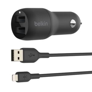 Belkin BoostCharge Dual USB-A Car Charger 24W + Lightning to USB-A Cable(1M) - Black(CCD001bt1MBK)