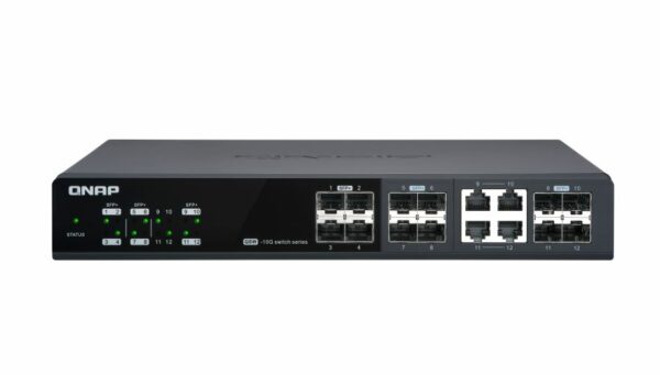 The QSW-M1204-4C is a Layer 2 Web Managed Switch with eight 10GbE SFP+ ports and four 10GbE SFP+/RJ45 combo ports that enables blazing-fast transfer speeds
