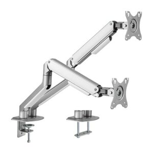 The LDT63-C024 Dual Monitor Arm Mount is an economical choice for adding flexibility and ergonomics to the work place. Durable steel and aluminum construction enables each arm to hold most 17”-32” monitors up to 9kg/19.8lbs (per arm). Finger-tip adjustment allows for effortless maneuvering and a wide range of motion to position screen height and angle. Integrated 180° rotation stop prevents the arm from hitting adjacent partitions and walls. A quick-release joint design reduces package size for lower shipping and storage costs while contributing to easy user assembly. The slim and modern design in 2 colors fits most any office or home décor.