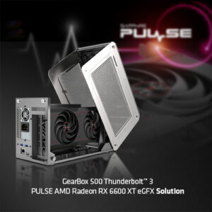 SAPPHIRE GEARBOX 500 WITH SAPPHIRE PULSE RX 6600 XT BUNDLE (ANZ) Thunderbolt™ 3 PULSE RX 6600XT 8GB eGFX Solution Delivers Fast Productivity and 1080P Gaming Performance.