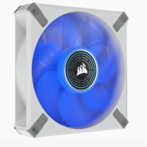 The CORSAIR ML120 LED ELITE Blue Premium 120mm PWM Magnetic Levitation Fan - White Frame boasts CORSAIR AirGuide technology and a magnetic levitation bearing for high-performance quiet