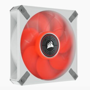 The CORSAIR ML120 LED ELITE Red Premium 120mm PWM Magnetic Levitation Fan - White Frame boasts CORSAIR AirGuide technology and a magnetic levitation bearing for high-performance quiet