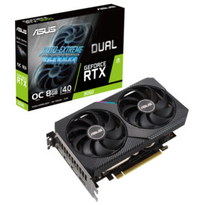 ASUS Dual GeForce RTX™ 3050 OC Edition 8GB GDDR6 with two powerful Axial-tech fans and a 2-slot design for broad compatibility.
