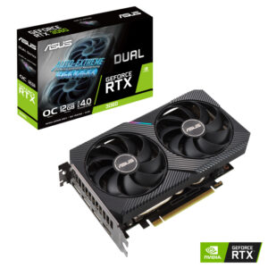 ASUS Dual GeForce RTX™ 3060 OC Edition 12GB GDDR6 with two powerful Axial-tech fans and a 2-slot design for broad compatibility