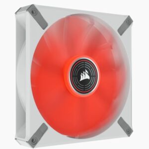 The CORSAIR ML140 LED ELITE Red Premium 140mm PWM Magnetic Levitation Fan - White Frame boasts CORSAIR AirGuide technology and a magnetic levitation bearing for high-performance quiet