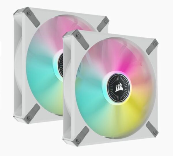 The CORSAIR iCUE ML140 RGB ELITE Premium 140mm PWM Magnetic Levitation Dual Fan Kit - White Frame boasts CORSAIR AirGuide technology and magnetic levitation bearings for low noise and high cooling performance.