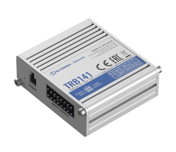TRB141 is a compact industrial LTE Cat 1 gateway equipped with an I/O connector block